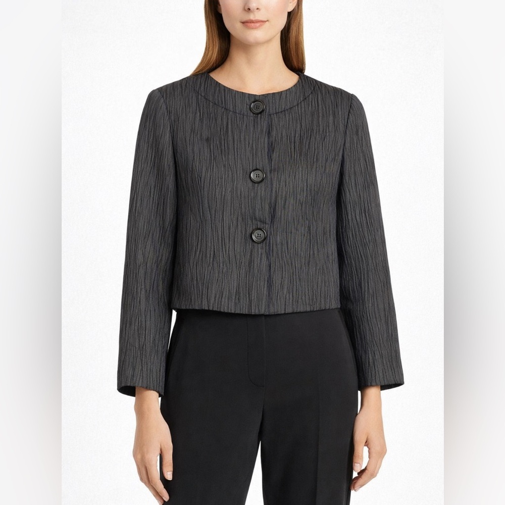 Lafayette 148 Cropped Crinkle Blazer Dark Gray 6 Tailored Button Detail Textured